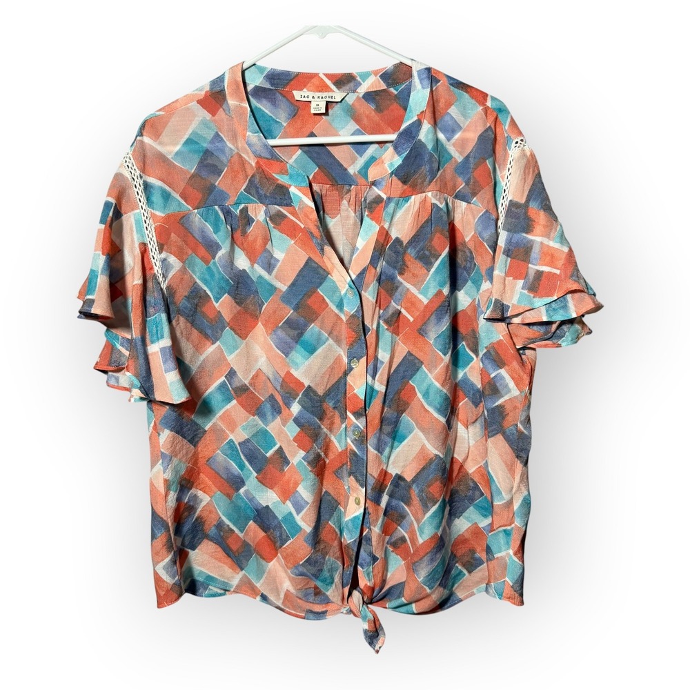 Zac & Rachel XL Abstract Geometric Tie Front Flutter Sleeve Button Up Blouse Top